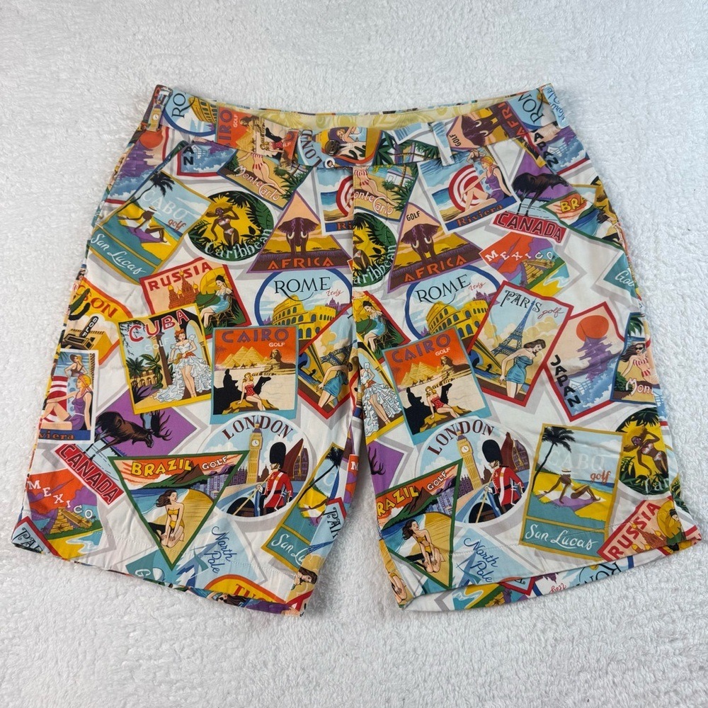 Loudmouth Golf Shorts Mens 38 Multicolor Travel Postcard Stamp Allover Print
